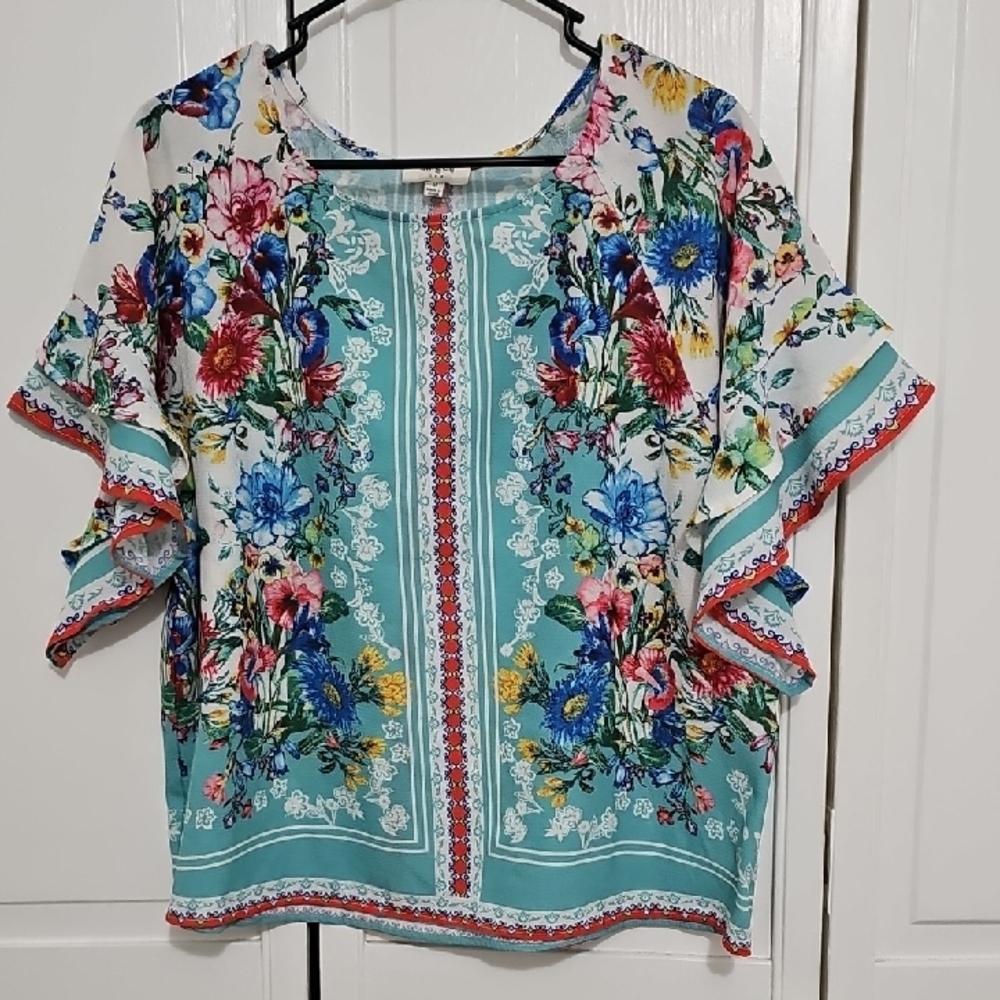 Umgee Floral Print Blouse with Red and Blue Accents